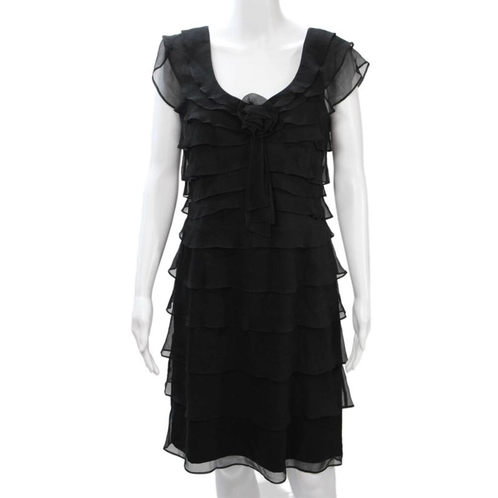 Tahari Levine Womens Silk Shift Dress Black Short Sleeve Tie Waist Size 8